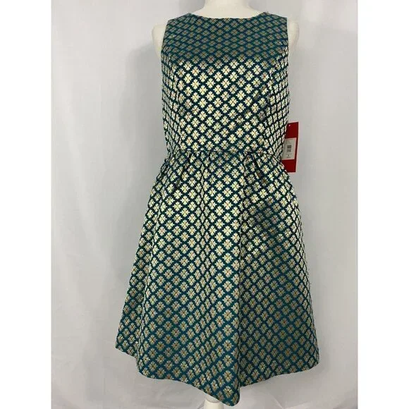 Carmen Marc Valvo Green Dress Gold Flower Women Size 8 $328 - Picture 2 of 5